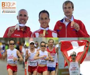 yapboz Viktor Röthlin Maratonu şampiyonu Jose Manuel Martinez ve Dmitri Safronov (2 ve 3) Avrupa Atletizm Şampiyonası&#039;nda Barcelona 2010